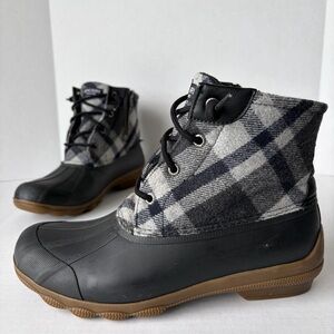 Sperry Syren Gulf Black Gray Plaid Wool Rubber Duck Boots Women’s 8